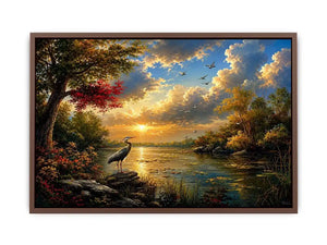 Serene heron lake landscape wall art with dramatic sunset sky, calm water reflections, and peaceful nature scenery