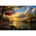 Serene heron lake landscape wall art with dramatic sunset sky, calm water reflections, and peaceful nature scenery
