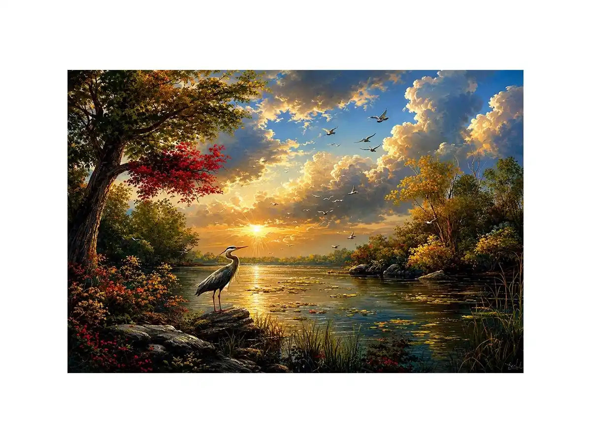 Serene heron lake landscape wall art with dramatic sunset sky, calm water reflections, and peaceful nature scenery