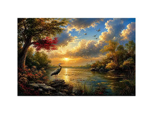 Serene heron lake landscape wall art with dramatic sunset sky, calm water reflections, and peaceful nature scenery