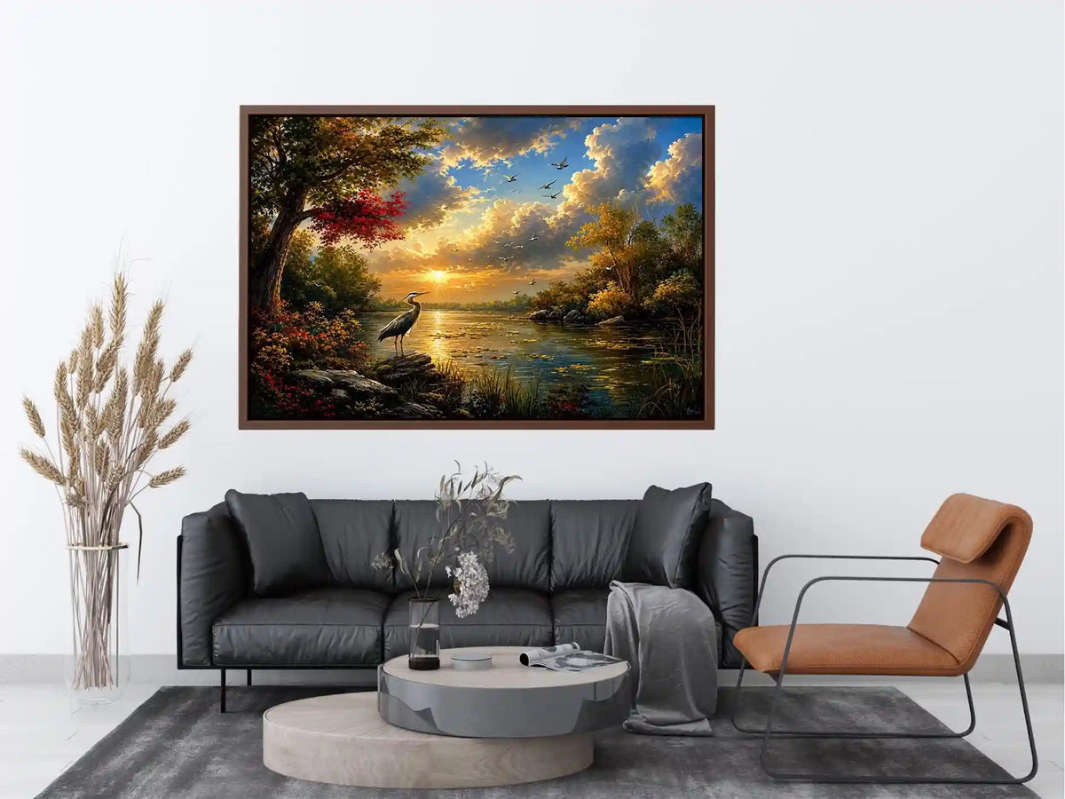 Serene heron lake landscape wall art with dramatic sunset sky, calm water reflections, and peaceful nature scenery