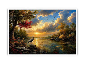 Serene heron lake landscape wall art with dramatic sunset sky, calm water reflections, and peaceful nature scenery