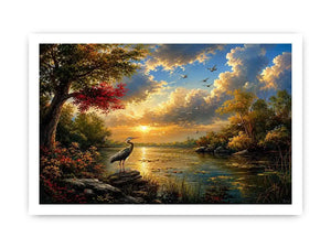 Serene heron lake landscape wall art with dramatic sunset sky, calm water reflections, and peaceful nature scenery