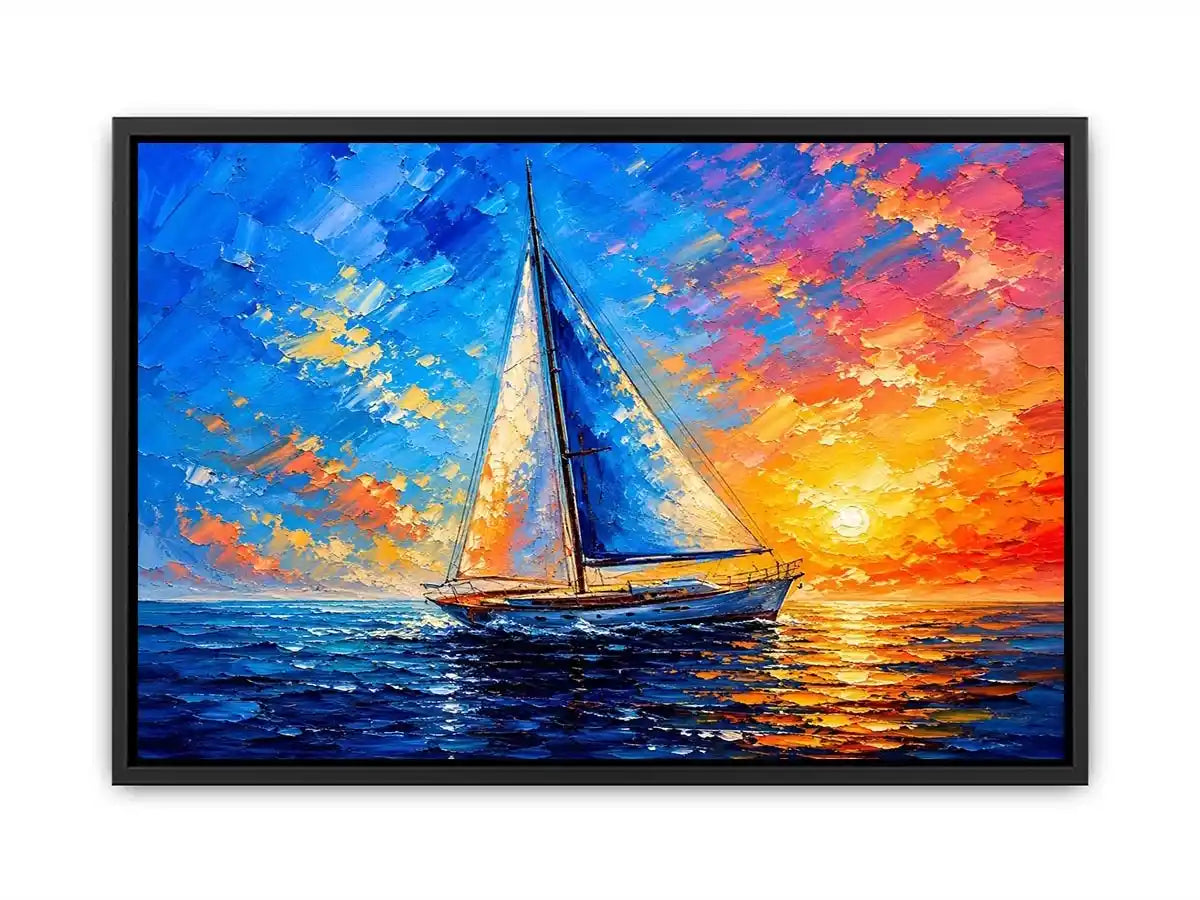 Modern sailboat ocean wall art with blue sea, glowing sunset sky, and abstract coastal painting textures