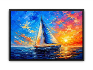 Modern sailboat ocean wall art with blue sea, glowing sunset sky, and abstract coastal painting textures