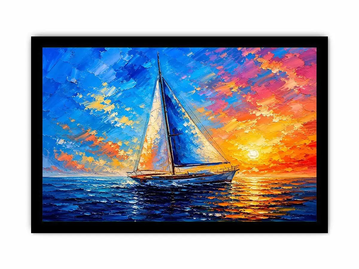 Modern sailboat ocean wall art with blue sea, glowing sunset sky, and abstract coastal painting textures