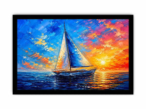 Modern sailboat ocean wall art with blue sea, glowing sunset sky, and abstract coastal painting textures