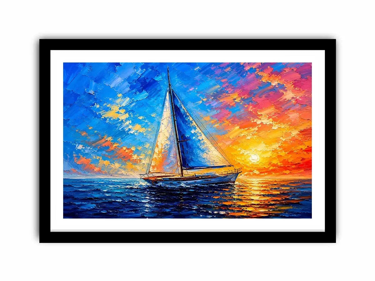 Modern sailboat ocean wall art with blue sea, glowing sunset sky, and abstract coastal painting textures