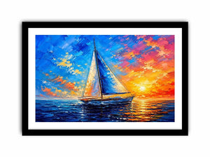 Modern sailboat ocean wall art with blue sea, glowing sunset sky, and abstract coastal painting textures