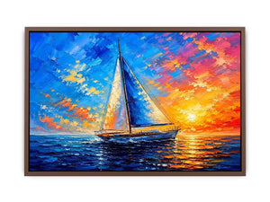 Modern sailboat ocean wall art with blue sea, glowing sunset sky, and abstract coastal painting textures