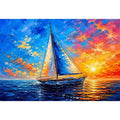 Modern sailboat ocean wall art with blue sea, glowing sunset sky, and abstract coastal painting textures