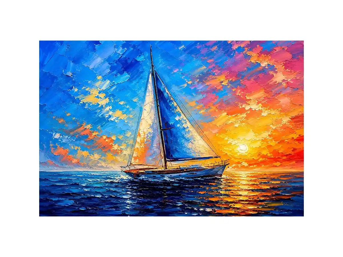 Modern sailboat ocean wall art with blue sea, glowing sunset sky, and abstract coastal painting textures