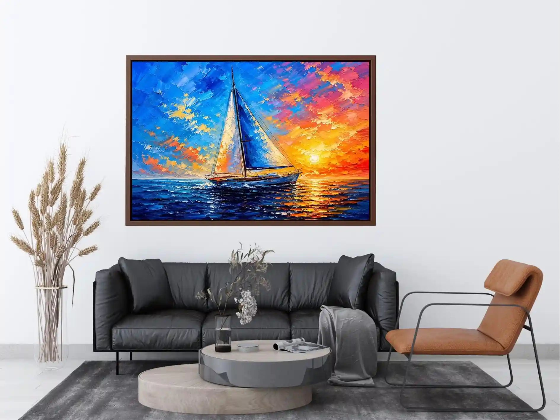 Modern sailboat ocean wall art with blue sea, glowing sunset sky, and abstract coastal painting textures