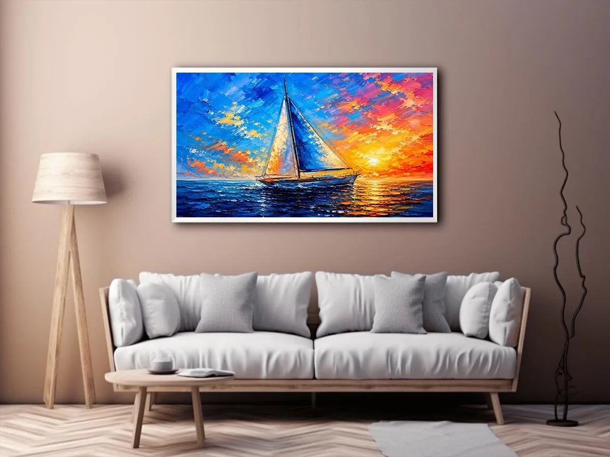 Modern sailboat ocean wall art with blue sea, glowing sunset sky, and abstract coastal painting textures