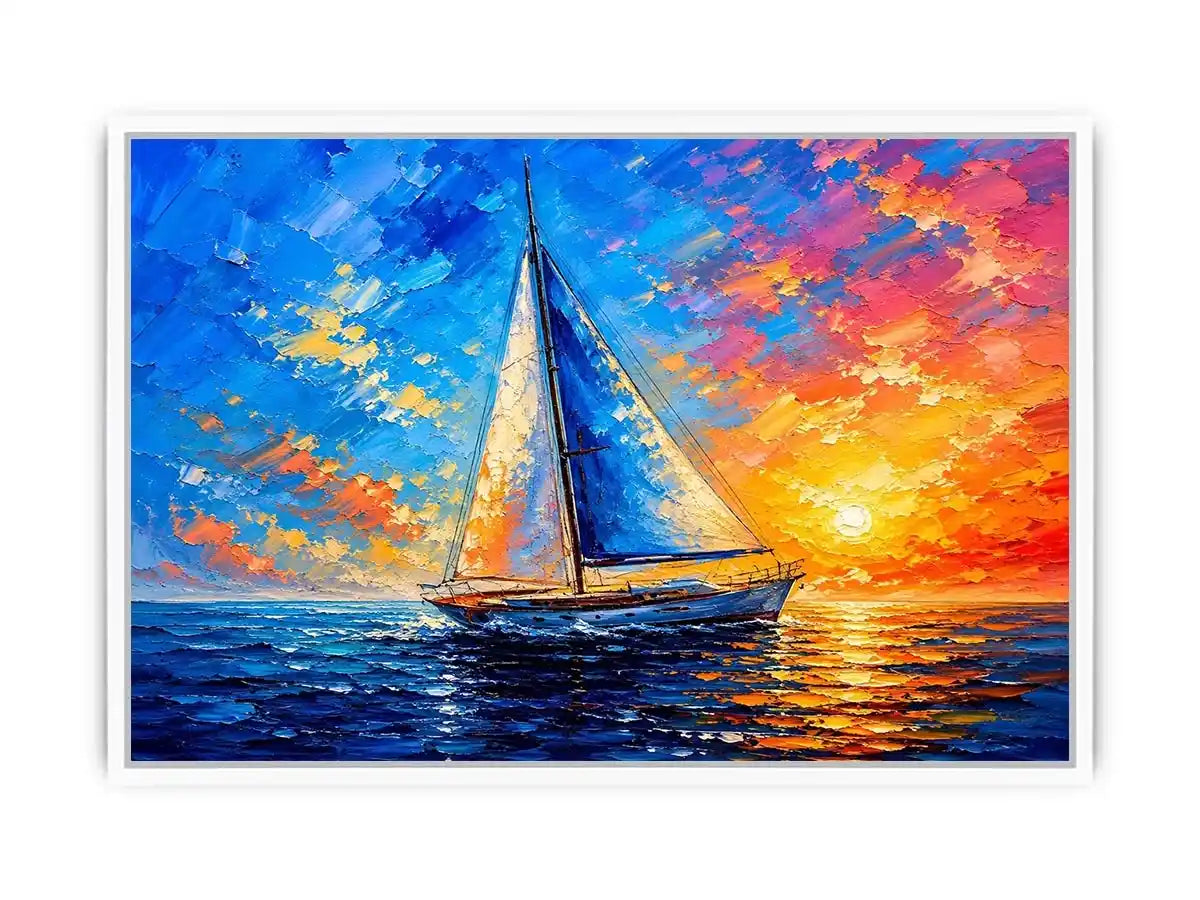 Modern sailboat ocean wall art with blue sea, glowing sunset sky, and abstract coastal painting textures