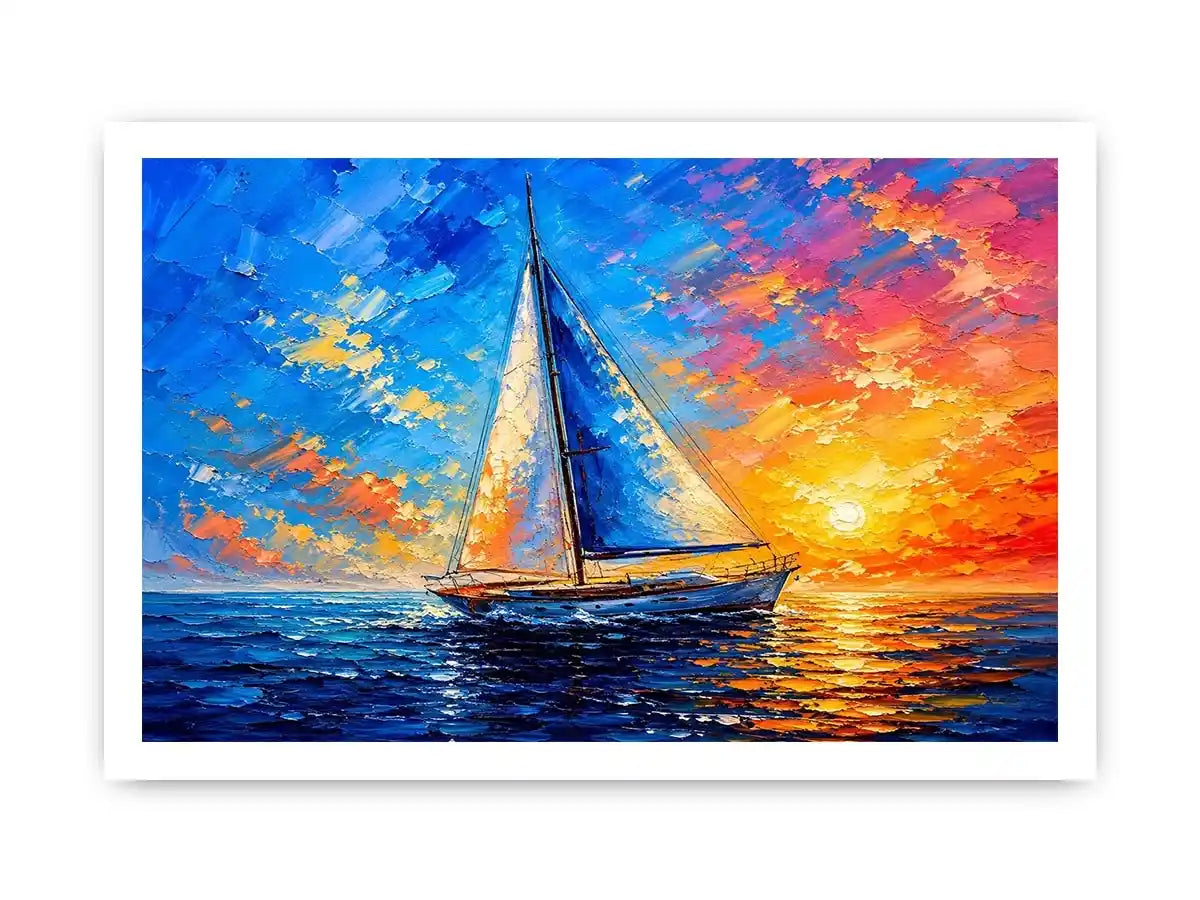 Modern sailboat ocean wall art with blue sea, glowing sunset sky, and abstract coastal painting textures