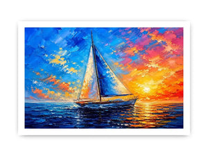 Modern sailboat ocean wall art with blue sea, glowing sunset sky, and abstract coastal painting textures