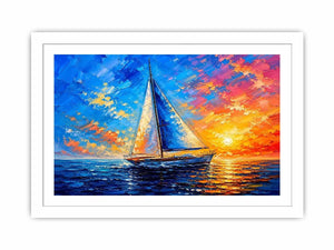 Modern sailboat ocean wall art with blue sea, glowing sunset sky, and abstract coastal painting textures