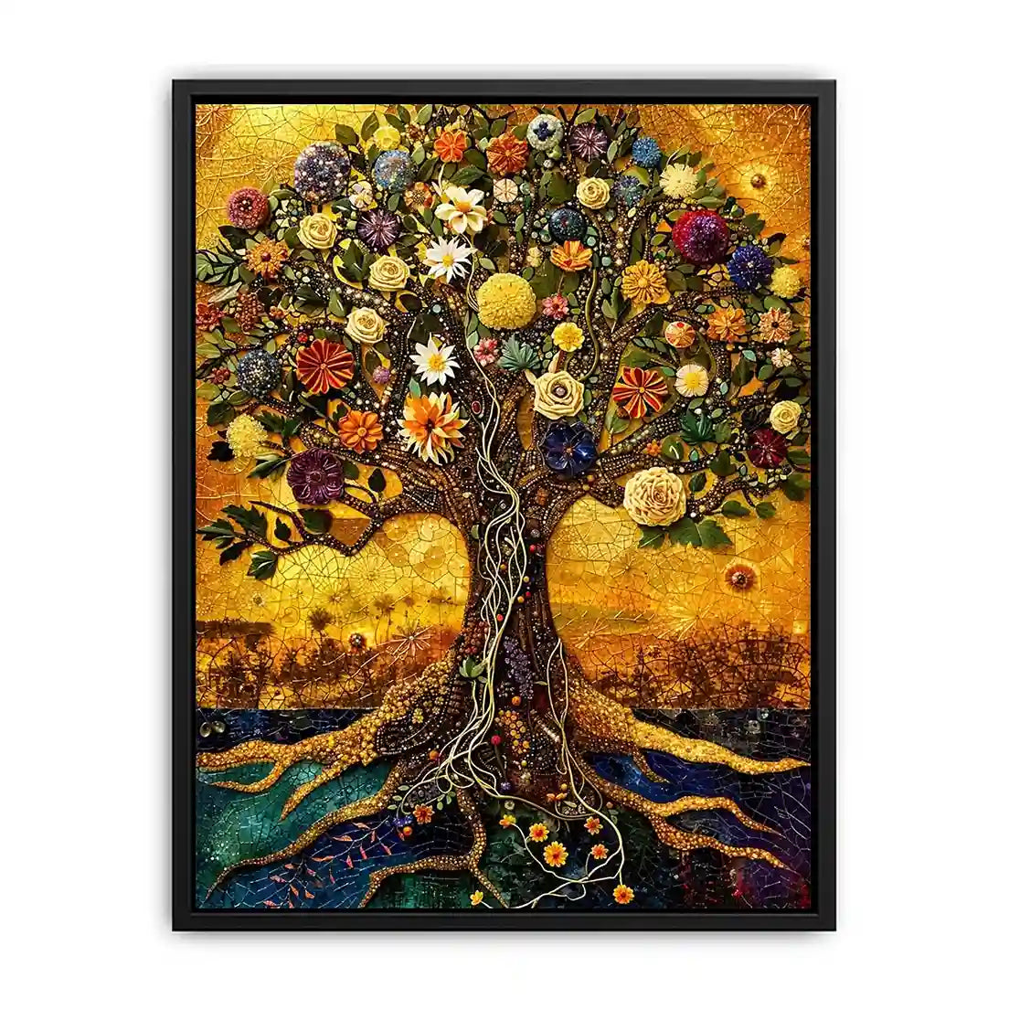 Golden tree of life mosaic wall art canvas with colorful flowers, luxury botanical decor for living room and bedroom