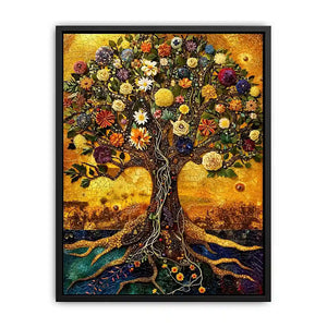 Golden tree of life mosaic wall art canvas with colorful flowers, luxury botanical decor for living room and bedroom