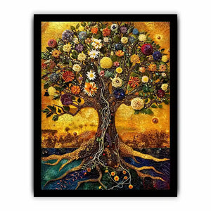 Golden tree of life mosaic wall art canvas with colorful flowers, luxury botanical decor for living room and bedroom