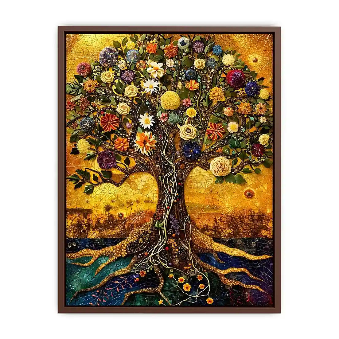 Golden tree of life mosaic wall art canvas with colorful flowers, luxury botanical decor for living room and bedroom