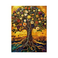 Golden tree of life mosaic wall art canvas with colorful flowers, luxury botanical decor for living room and bedroom