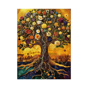 Golden tree of life mosaic wall art canvas with colorful flowers, luxury botanical decor for living room and bedroom