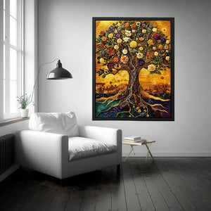 Golden tree of life mosaic wall art canvas with colorful flowers, luxury botanical decor for living room and bedroom