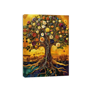 Golden tree of life mosaic wall art canvas with colorful flowers, luxury botanical decor for living room and bedroom