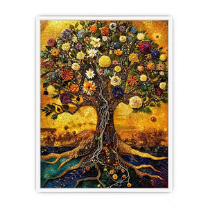 Golden tree of life mosaic wall art canvas with colorful flowers, luxury botanical decor for living room and bedroom