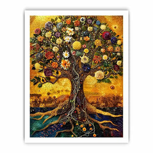 Golden tree of life mosaic wall art canvas with colorful flowers, luxury botanical decor for living room and bedroom