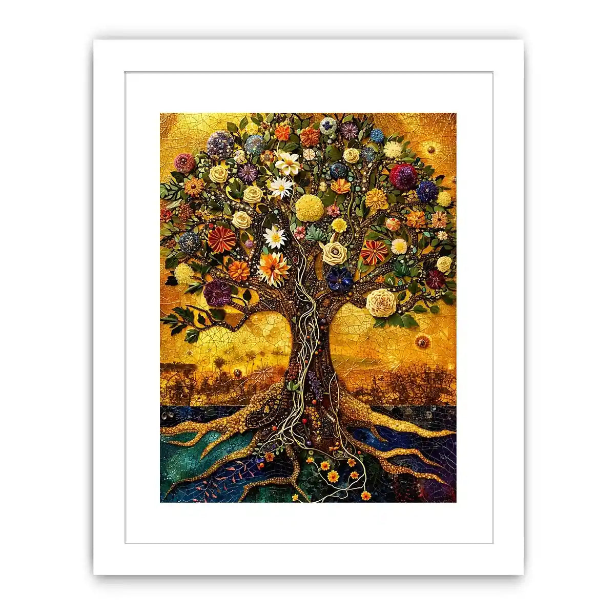 Golden tree of life mosaic wall art canvas with colorful flowers, luxury botanical decor for living room and bedroom