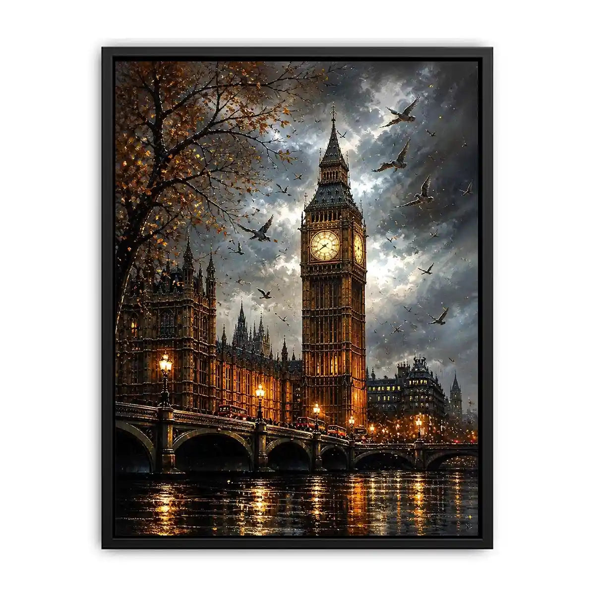 Dramatic painting of Big Ben and Westminster Bridge with birds flying in a moody sky
