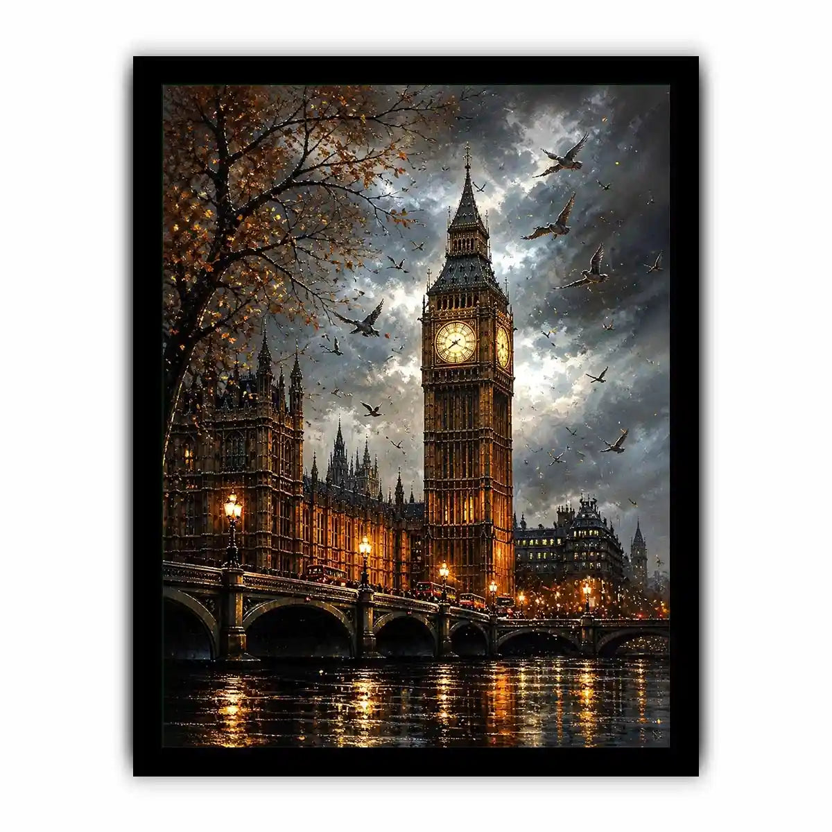 Dramatic painting of Big Ben and Westminster Bridge with birds flying in a moody sky