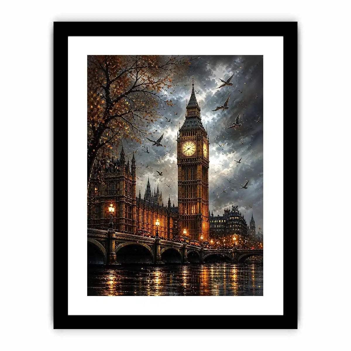 Dramatic painting of Big Ben and Westminster Bridge with birds flying in a moody sky