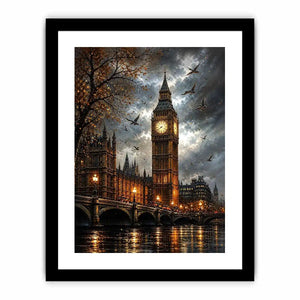 Dramatic painting of Big Ben and Westminster Bridge with birds flying in a moody sky