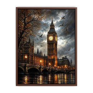 Dramatic painting of Big Ben and Westminster Bridge with birds flying in a moody sky