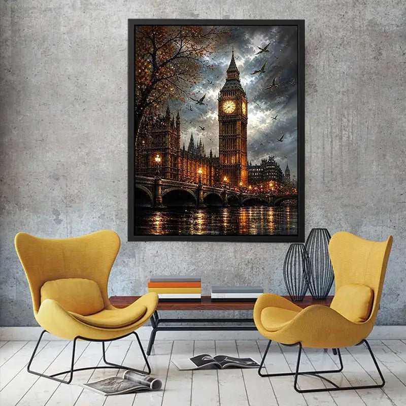 Dramatic painting of Big Ben and Westminster Bridge with birds flying in a moody sky