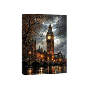 Dramatic painting of Big Ben and Westminster Bridge with birds flying in a moody sky