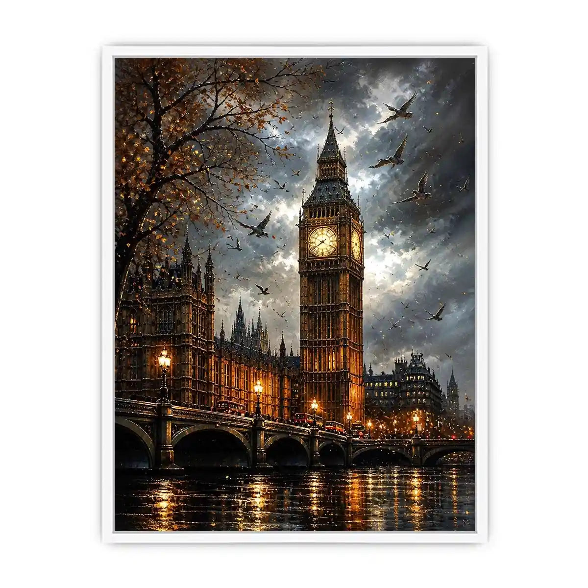 Dramatic painting of Big Ben and Westminster Bridge with birds flying in a moody sky
