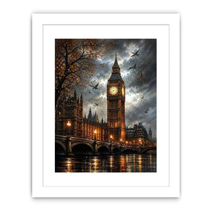 Dramatic painting of Big Ben and Westminster Bridge with birds flying in a moody sky