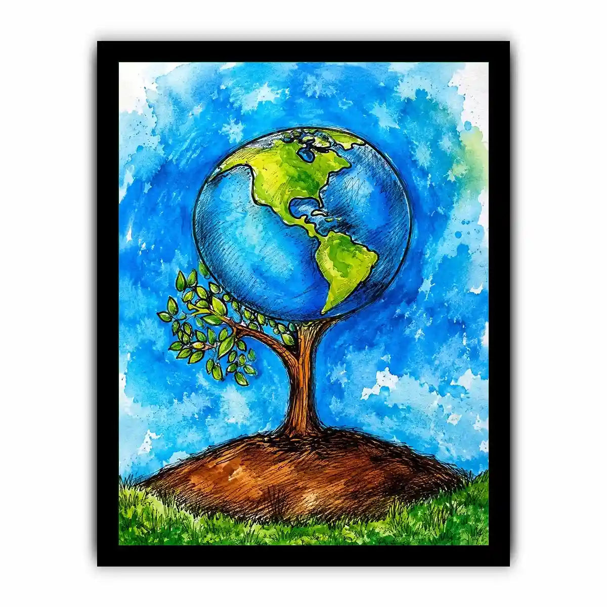 Watercolor Earth tree illustration with blue background and eco inspired modern wall art design
