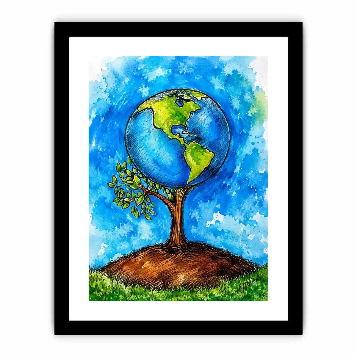 Watercolor Earth tree illustration with blue background and eco inspired modern wall art design