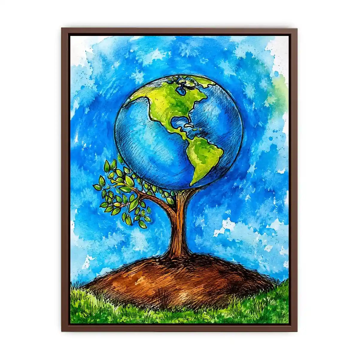 Watercolor Earth tree illustration with blue background and eco inspired modern wall art design