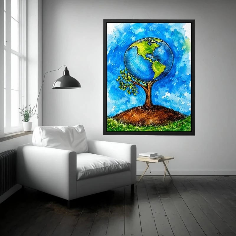 Watercolor Earth tree illustration with blue background and eco inspired modern wall art design