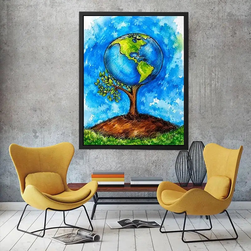 Watercolor Earth tree illustration with blue background and eco inspired modern wall art design