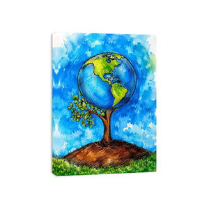 Watercolor Earth tree illustration with blue background and eco inspired modern wall art design