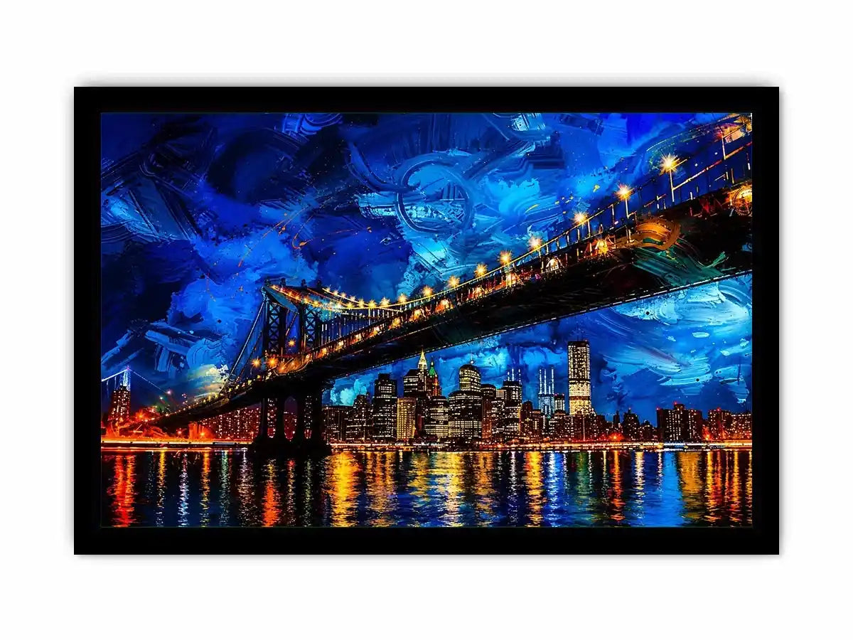 Modern city bridge nightscape painting with illuminated skyline and blue urban reflections wall art
