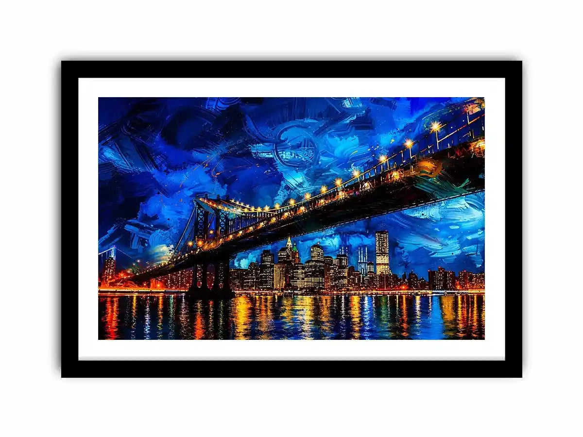 Modern city bridge nightscape painting with illuminated skyline and blue urban reflections wall art